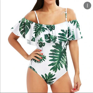 Tempt Me Women One Piece Palm Leaf Print Off Shoulder Flounce Ruffled Monokini